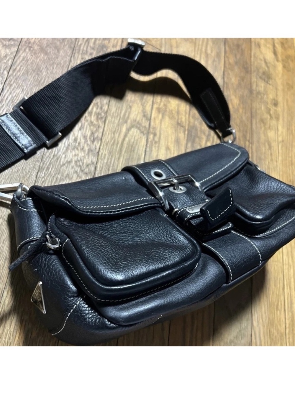 PRADA⭐️ pebbled, black Leather Multi-Pocket Shoulder Bag with Adjustable Strap!